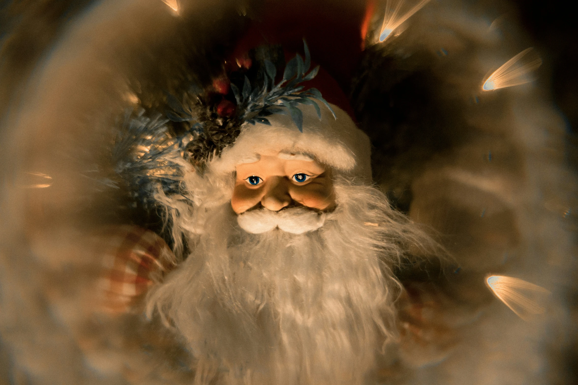 a gnome's portrait is surrounded by fake christmas lights