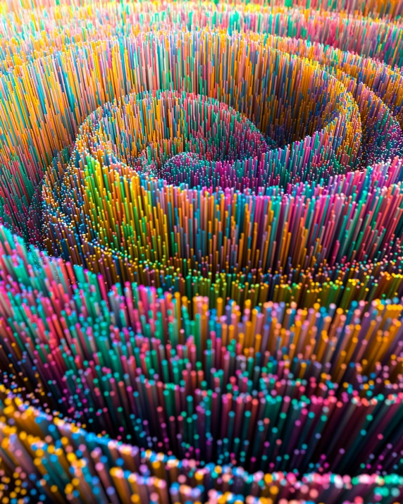 a group of colorful pens are stacked in a spiral