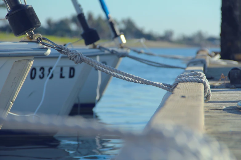 two boats docked at a pier surrounded by rope