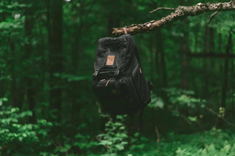 a book bag hanging from a tree in the woods