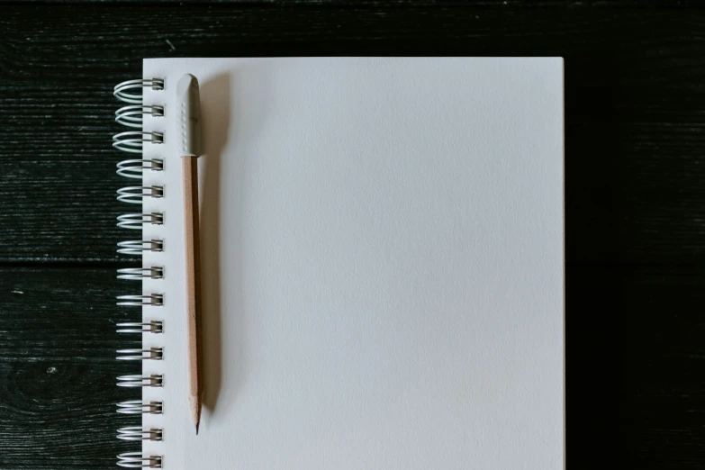 a pen sits on top of a blank notebook