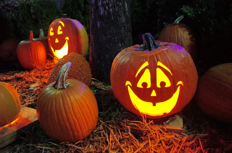 three pumpkins with carved faces in straw hay