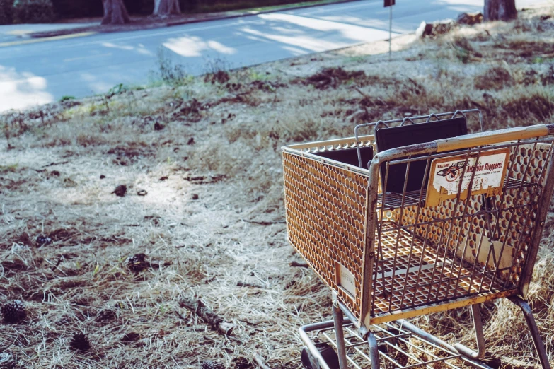 there is a brown shopping cart parked on the side of a road