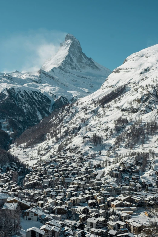 a snowy mountain is shown with houses on it