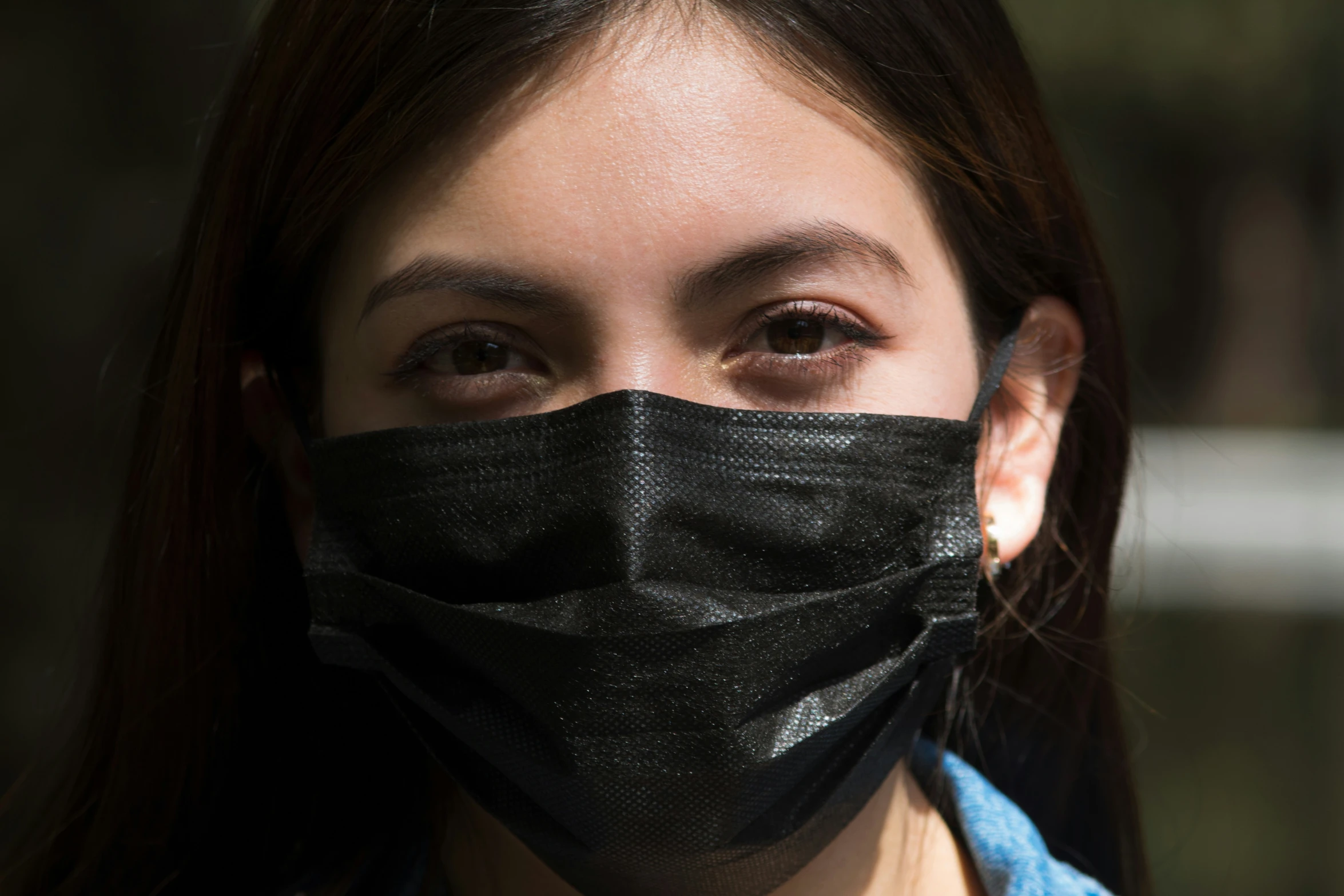 a close up of a woman with a black mask