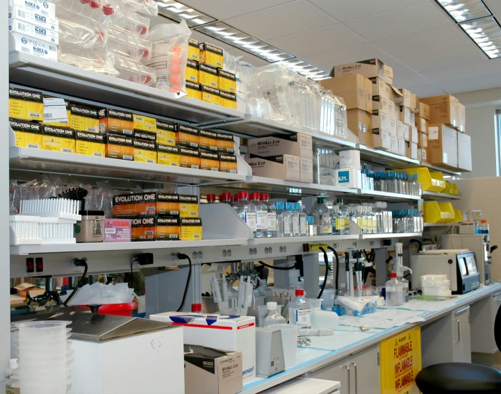 a pharmacy room filled with lots of bottles and vials