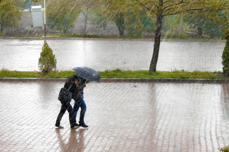 two people are walking under an umbrella on a rainy day