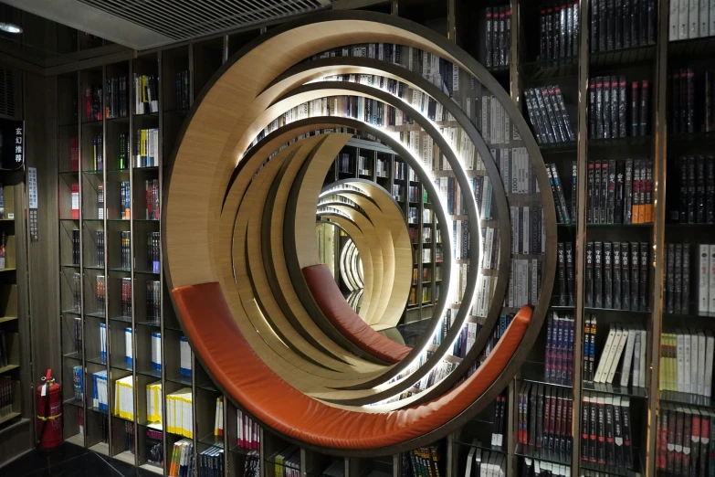 the circle is made of books and a bench