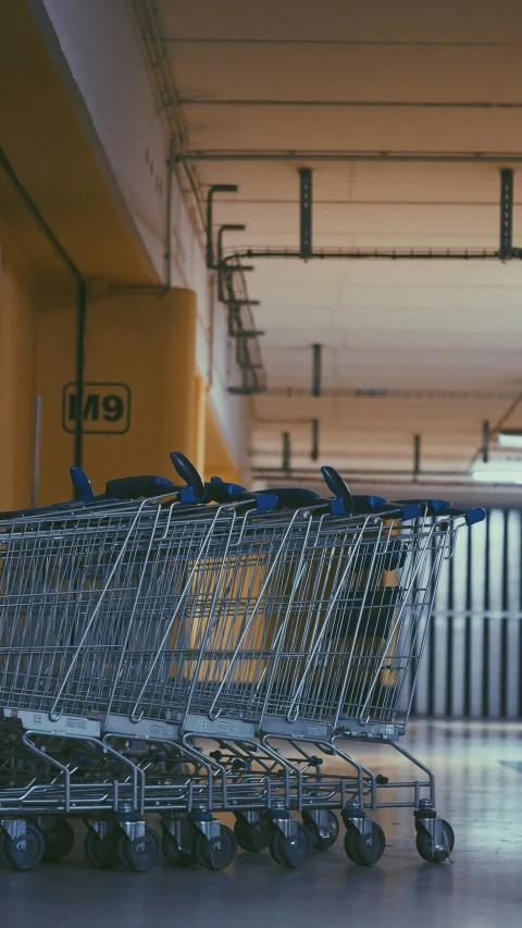 a row of empty shopping carts in a building