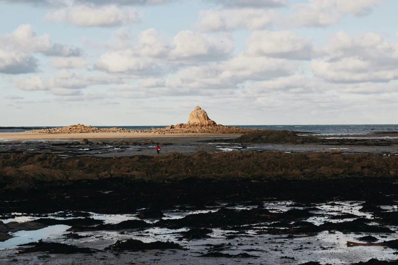 a rocky shore with two tall stacks and water