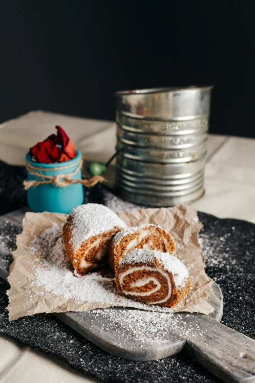 a dessert is on a table with sugar