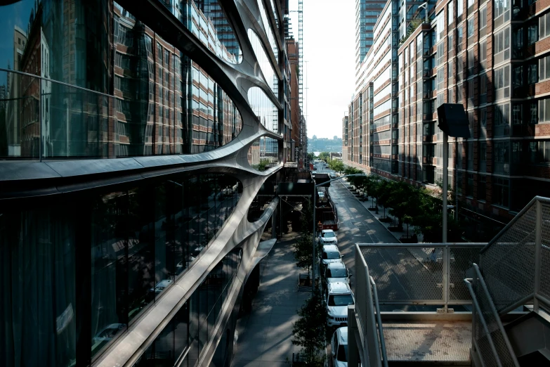 a view down the street from an elevated walkway