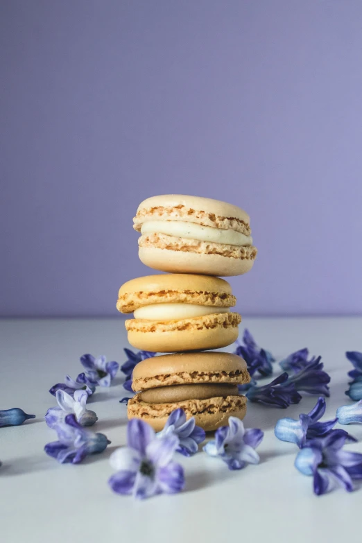 two stack of macaroni and cheese macaroni next to blue flowers