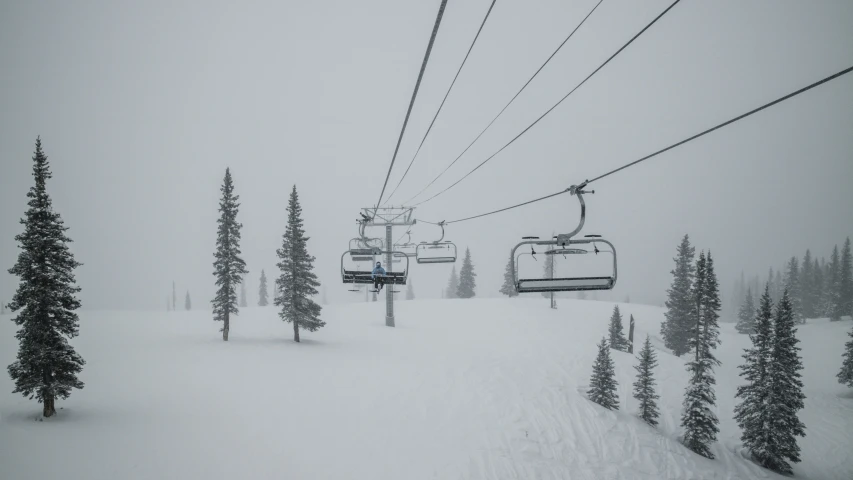 a ski lift and trees on a snowy day