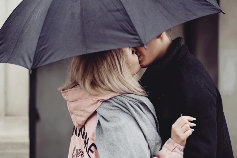 a man and a woman who are kissing under an umbrella