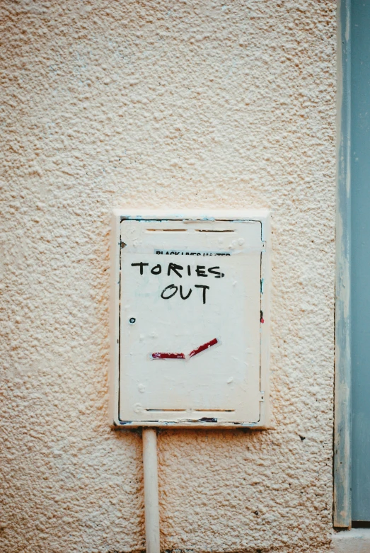 an outhouse with a sign that reads tories out