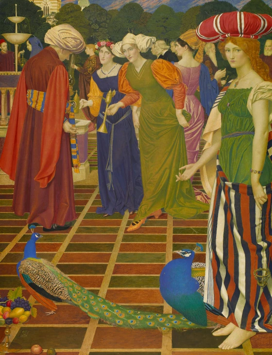 a painting of people dressed in medieval clothing and feathers
