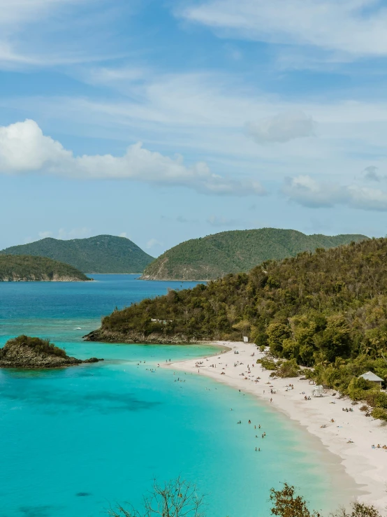 a white sandy beach with turquoise water and forested land on it