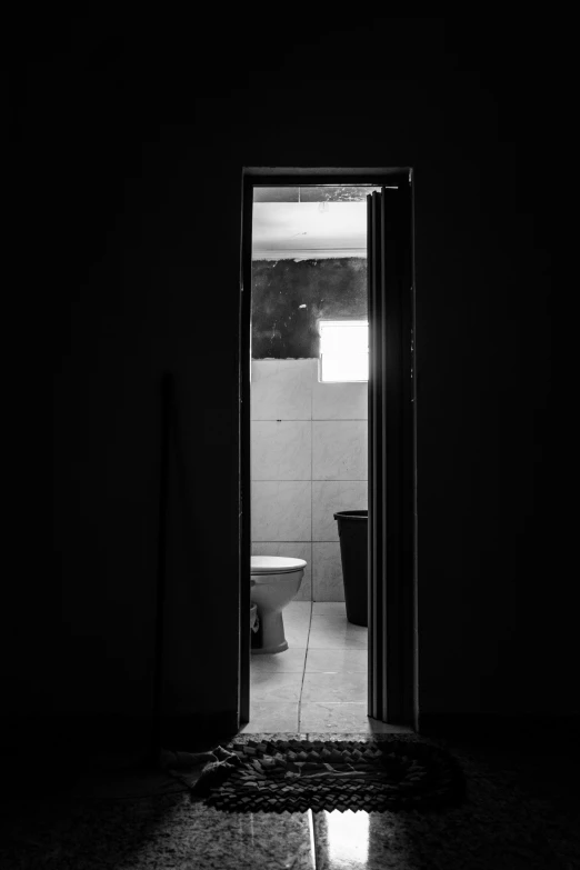 dark room with the door ajar revealing an empty toilet