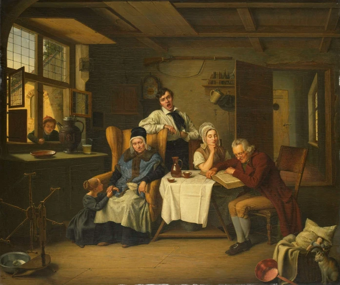 an old fashioned painting of people and food