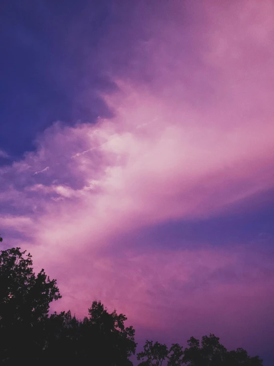 purple sky with white clouds and trees on the foreground