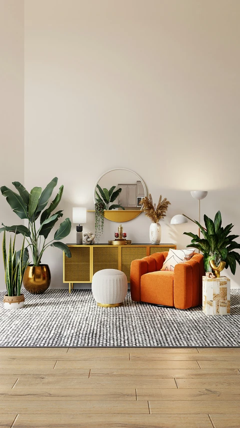 a white living room with two large plants and an orange sofa