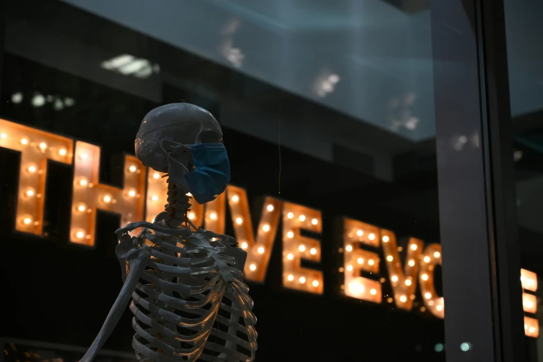 a skeleton has a blue medical mask on