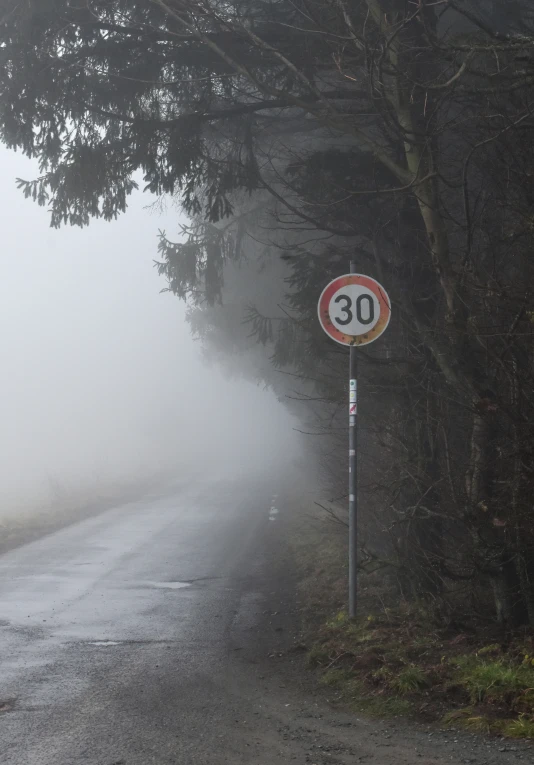 a very foggy and quiet country road with speed limit sign