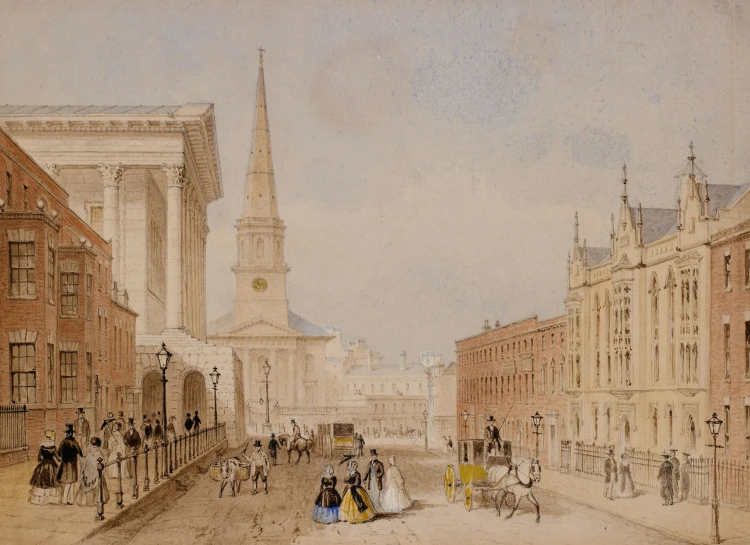a painting shows the main street and people walking in