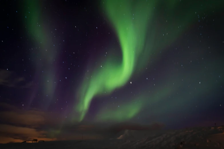 the bright green and purple lights are seen in the sky