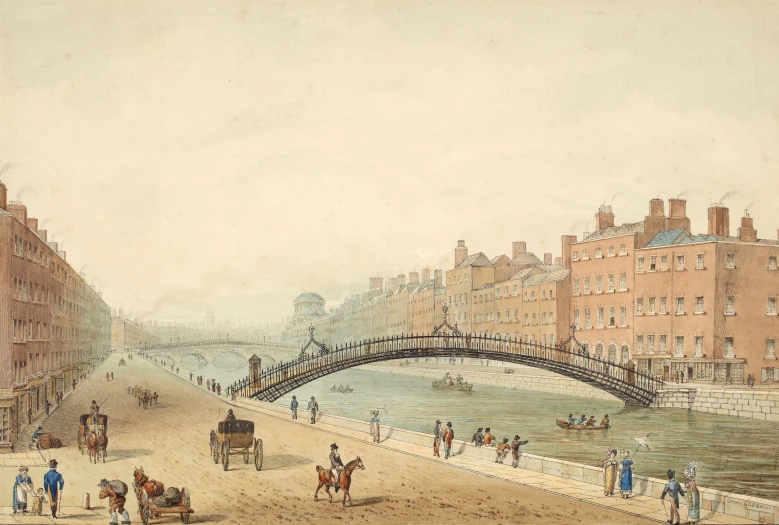 an old watercolour of people and horses