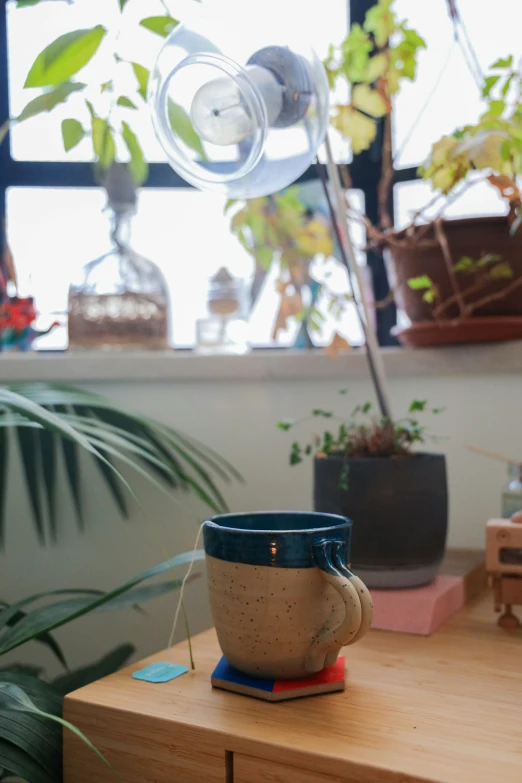 the coffee cup is on the table in front of the window