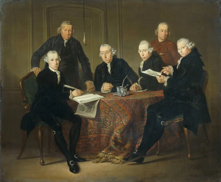 a painting of people sitting around a table with some papers