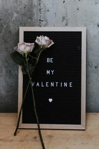 two roses on a table next to a picture frame that says be my valentine