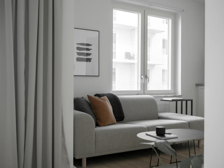 an open living room with white curtains and a grey couch