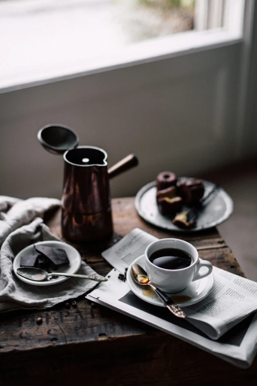 two cups and saucers sitting on top of a wooden table