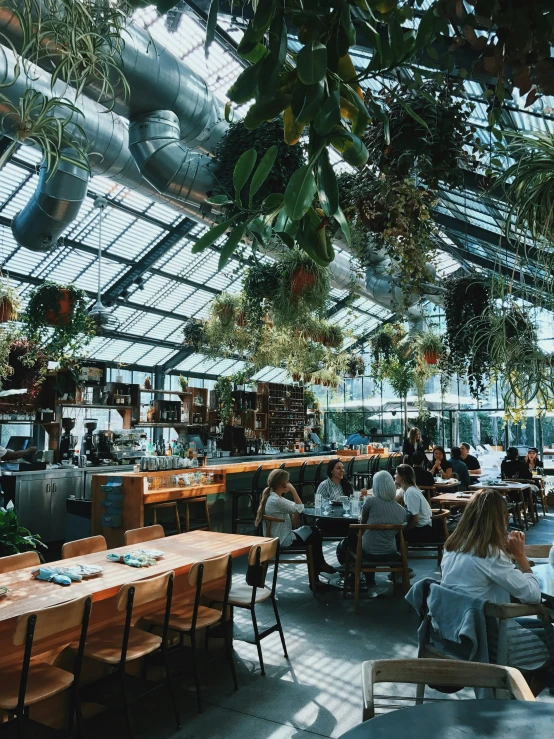 people are eating in an open restaurant with glass ceiling