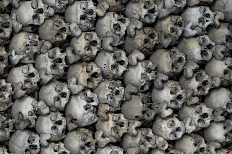 a very large pile of small skulls with no heads