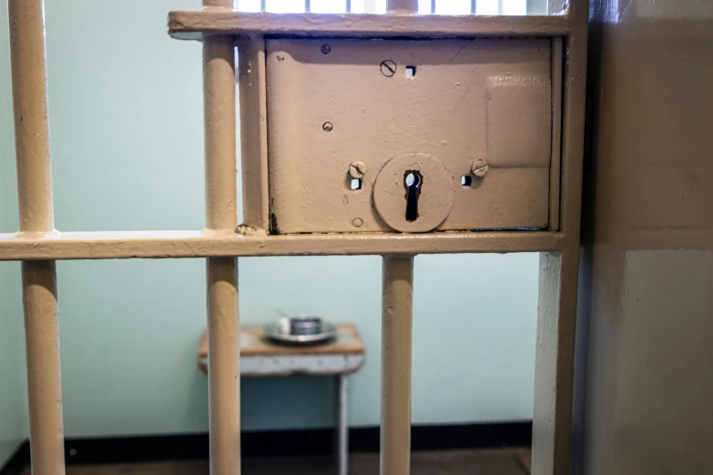 a  cell with a locked box and bars