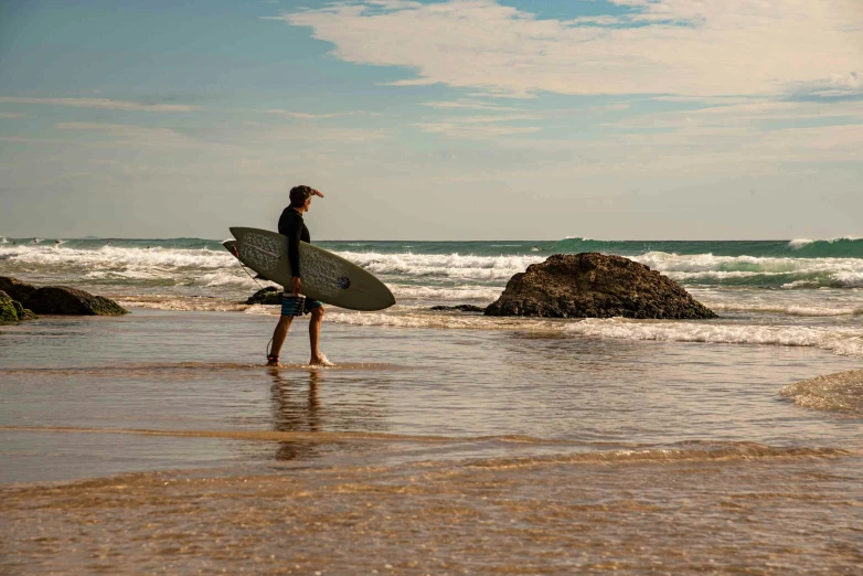 a person holding a surfboard on top of the beach