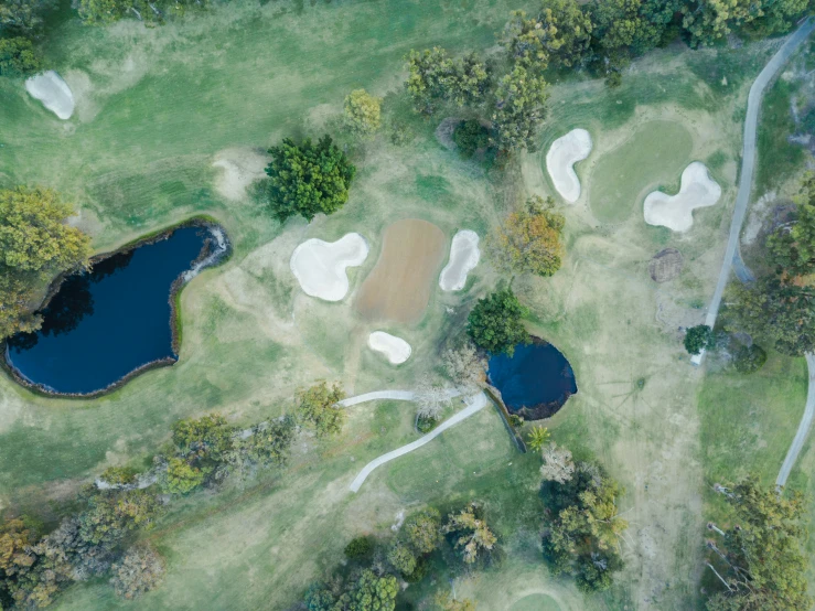 an aerial view of several small blue lakes in a wooded area