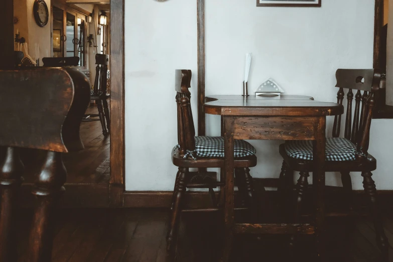 there is a table and two chairs in this room