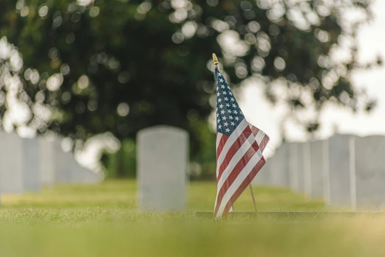 an american flag on the grass by the graves
