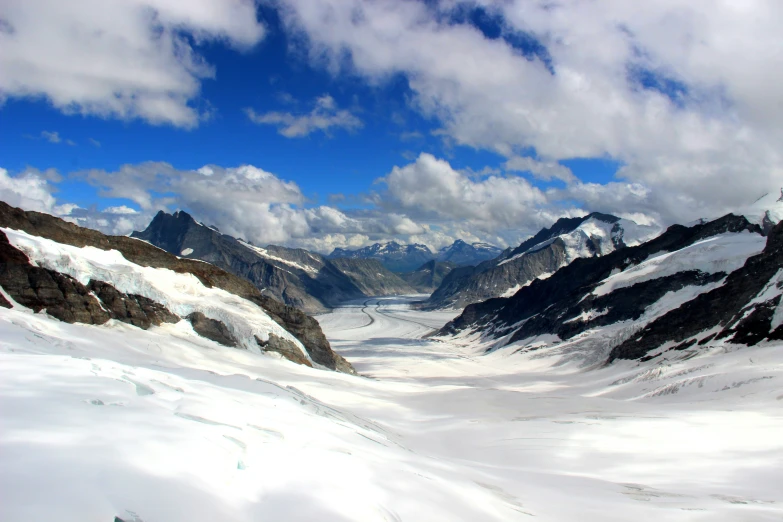 a snow covered mountain view shows many snowy mountains