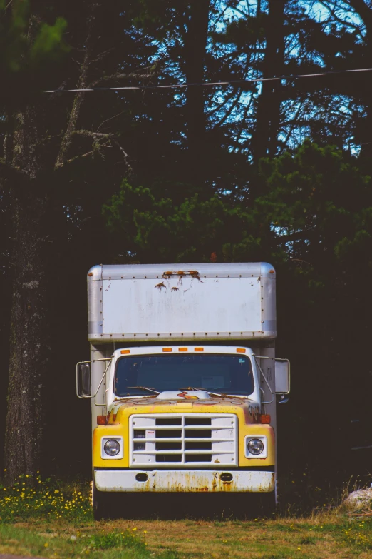 an old yellow and white truck parked near a forest