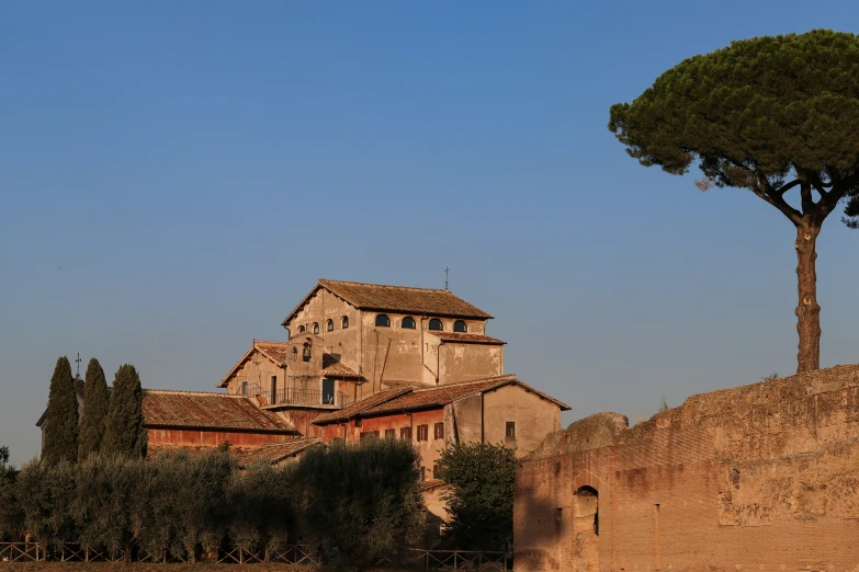 a very large old style building with a tree