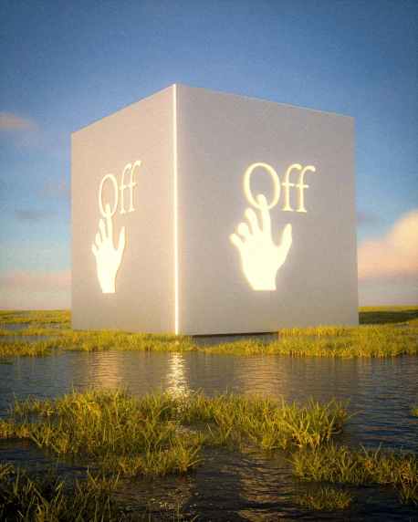 a white box with two hands on it sitting in a field