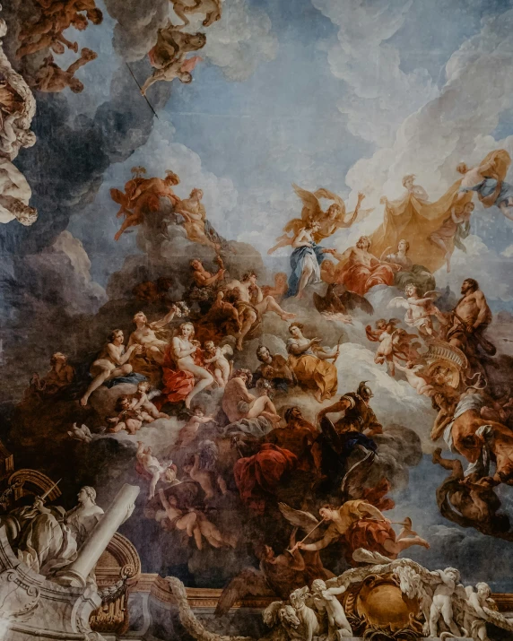 an ornate painting showing a large amount of people flying