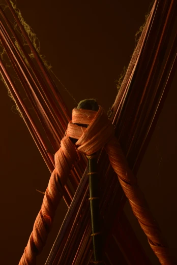 a close up image of two woven poles with knots