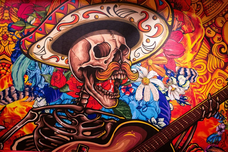 an image of a skull with a hat playing guitar